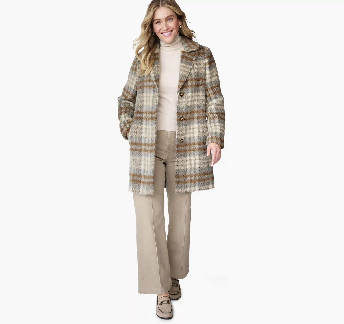 Notched-Collar Coat - Light Blue/Camel Plaid