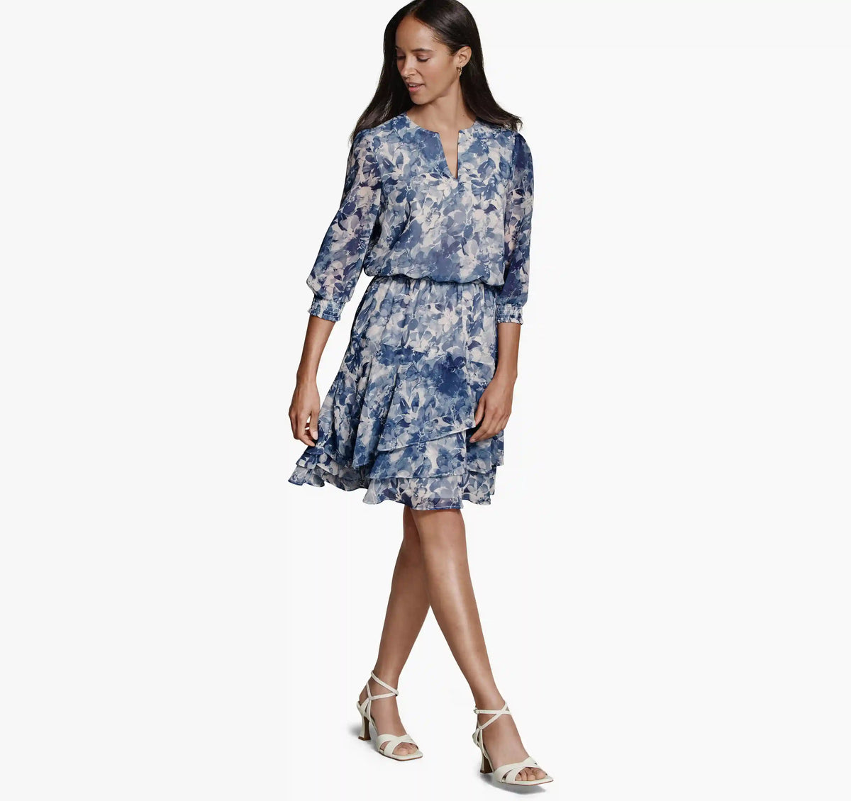 Printed Tiered Dress - Blue Watercolor Floral