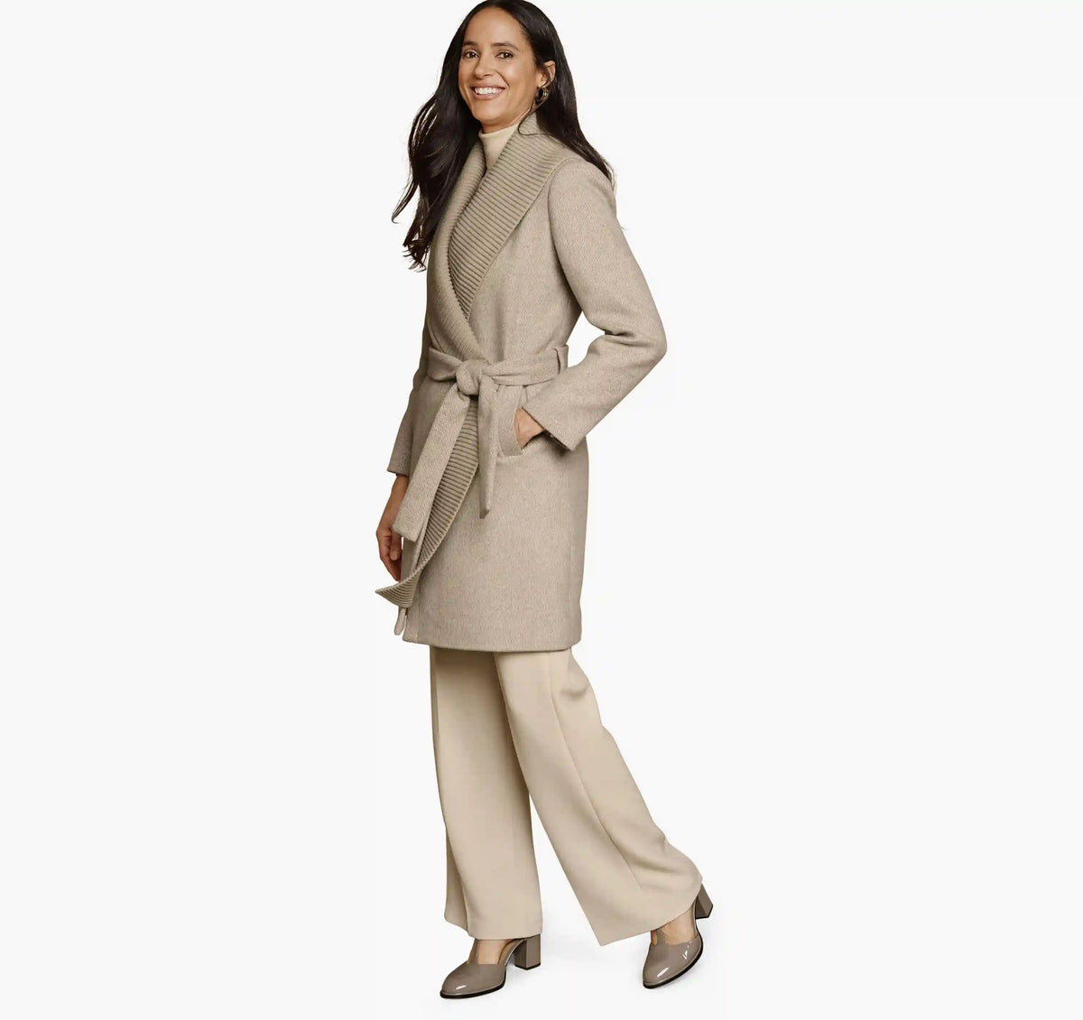 Wool-Blend Coat with Removable Knit Collar - Natural