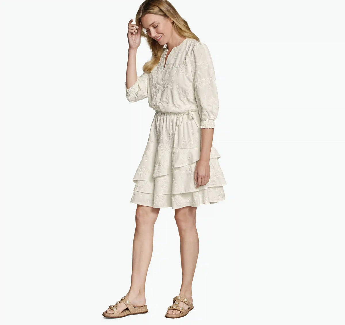 Embroidered Floral Tiered Dress - White