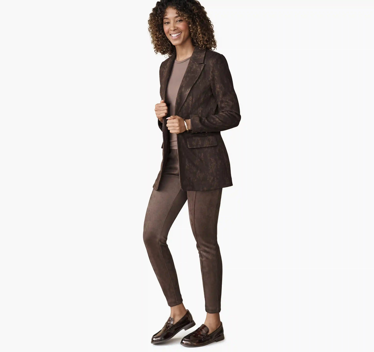 Open-Front Knit Blazer - Brown Floral Jacquard