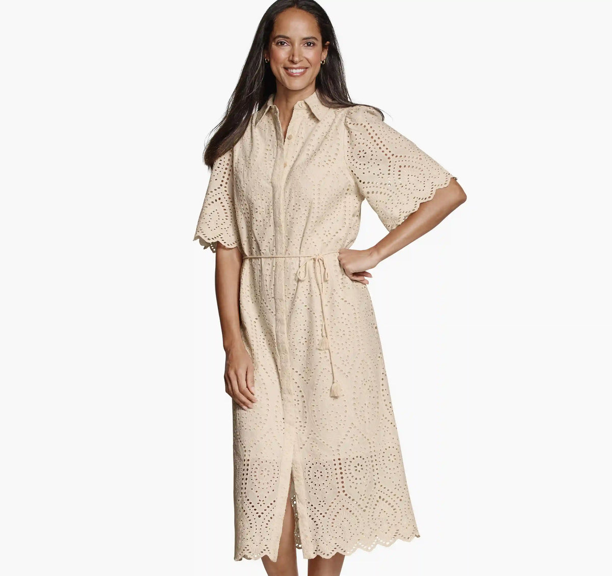 Flutter-Sleeve Eyelet Dress - Blush