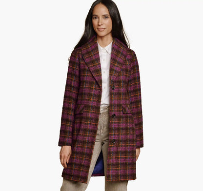 Shawl Collar Plaid Coat - Pink/Brown