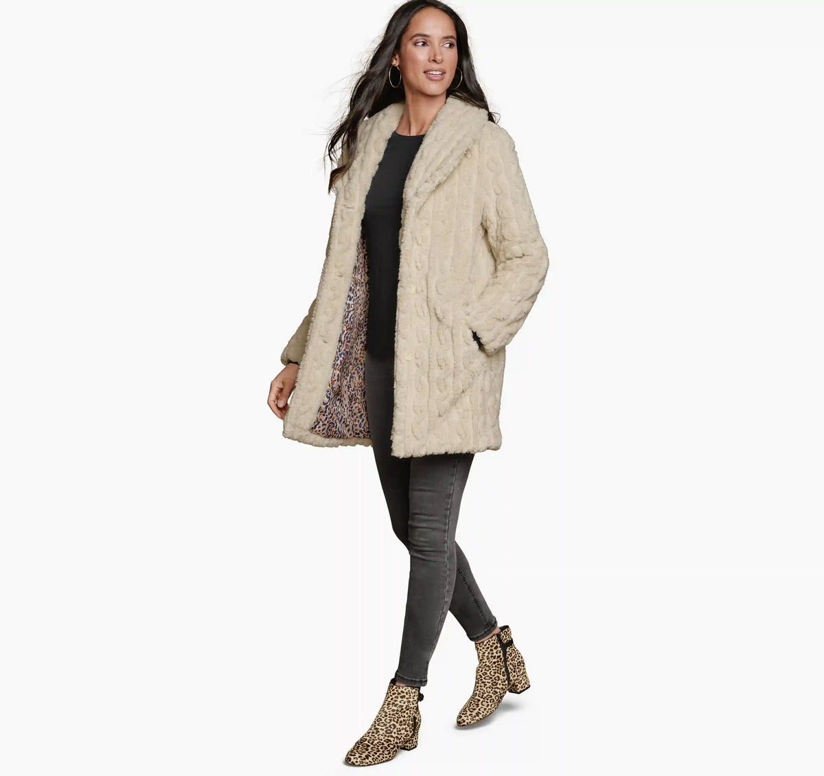 Cable Faux-Fur Coat - Beige