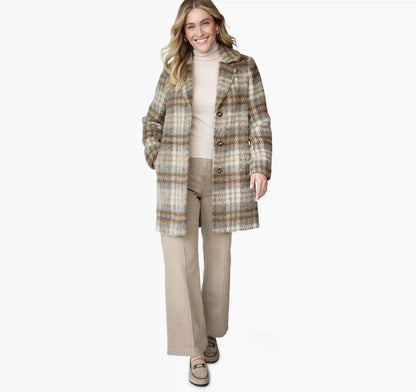 Notched-Collar Coat - Light Blue/Camel Plaid