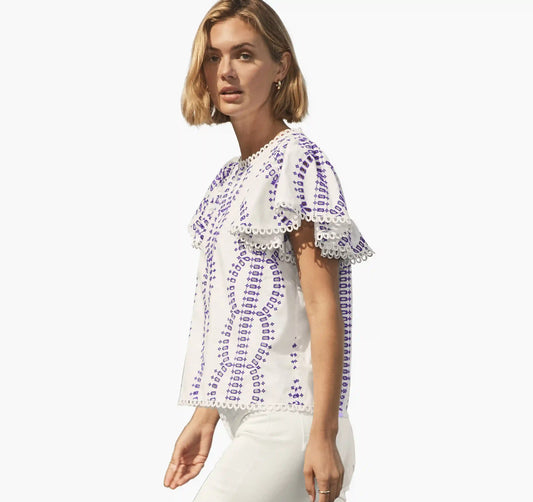 Game Day Eyelet Flutter Sleeve Top - White/Purple
