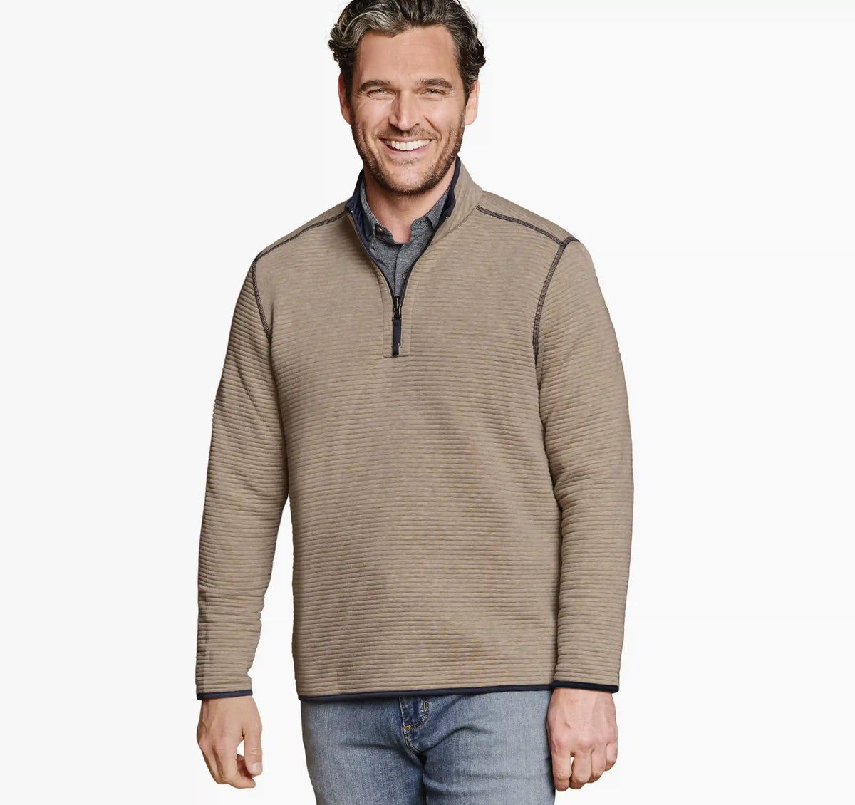 Reversible Channel-Quilted Quarter-Zip - Brown Heather/Navy