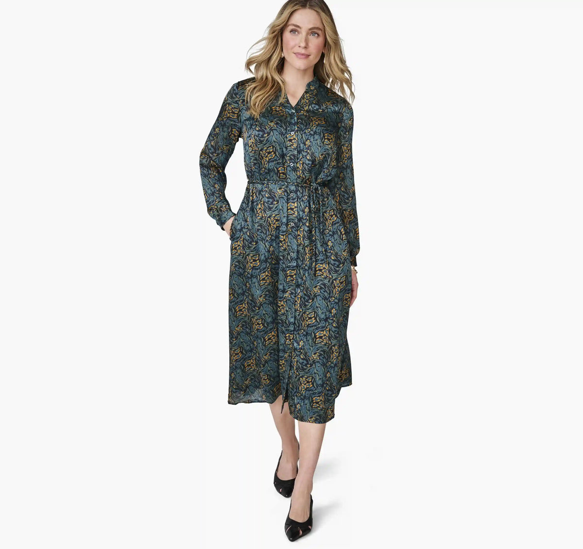 Printed Button-Front Long Dress - Teal Abstract Floral