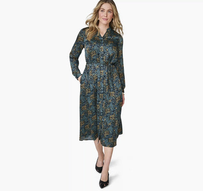 Printed Button-Front Long Dress - Teal Abstract Floral
