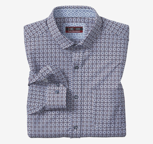 XC+™ Motion Long-Sleeve Print Knit Shirt - Rust/Navy Grid Burst