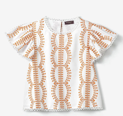 Game Day Eyelet Flutter Sleeve Top - White/Orange
