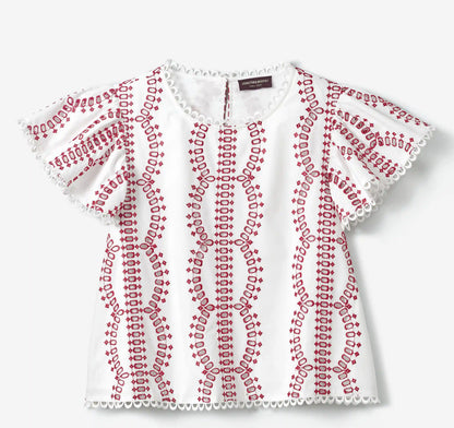 Game Day Eyelet Flutter Sleeve Top - White/Red