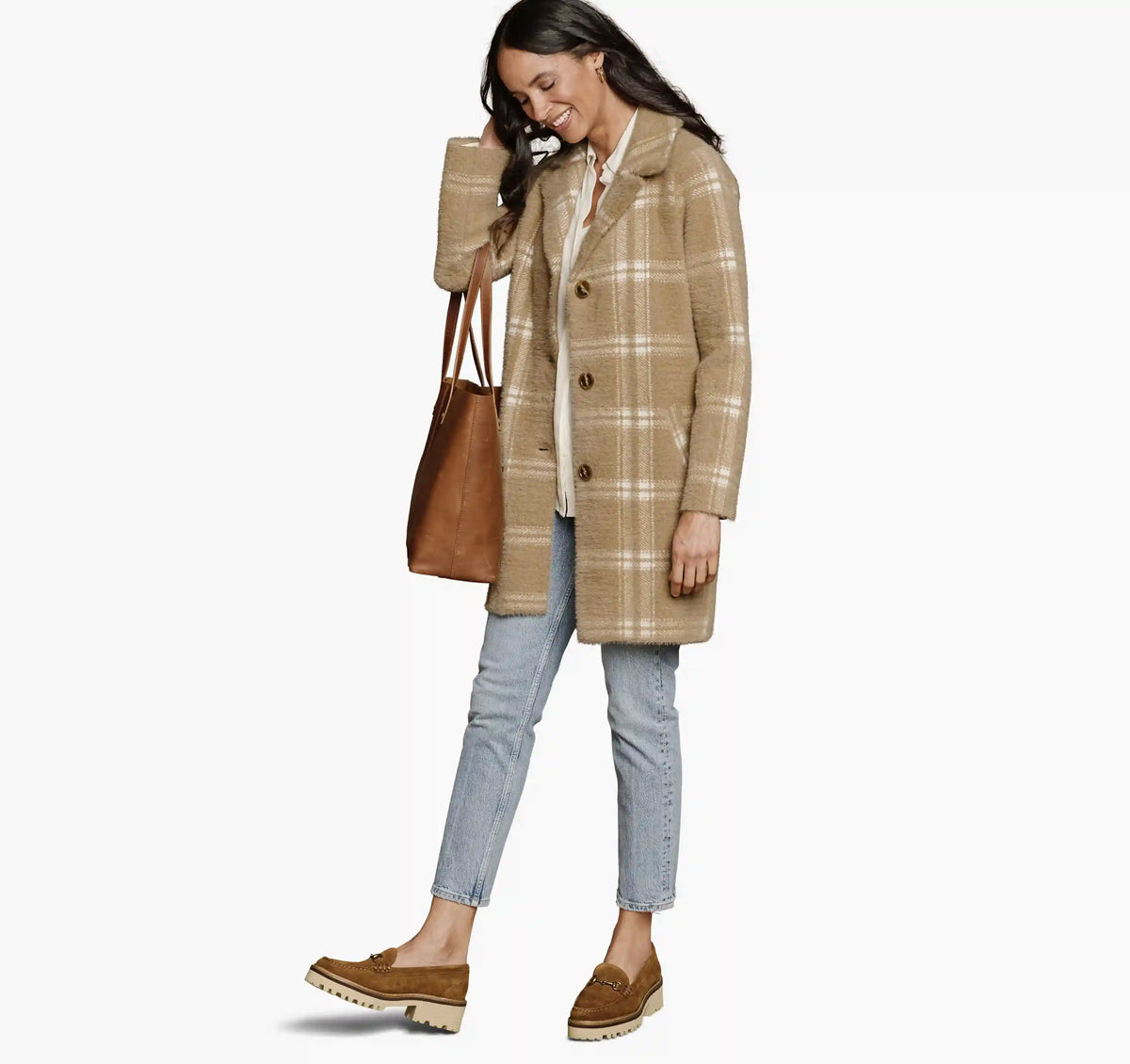 Eyelash Plaid Coatigan - Tan/White
