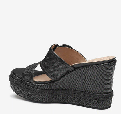 Addison Buckle-Strap Wedge - Black Raffia/Nappa Leather