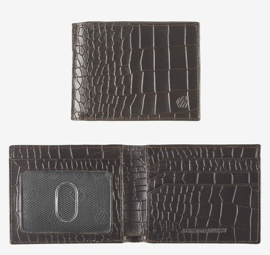 Croc-Embossed Leather Billfold Wallet - Mahogany