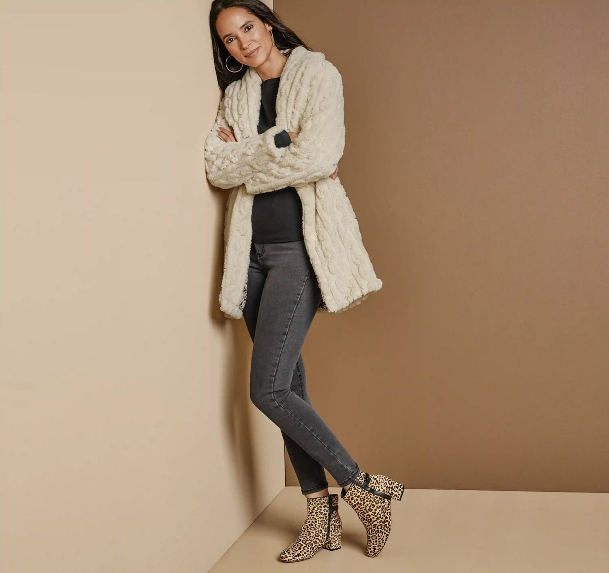 Cable Faux-Fur Coat - Beige