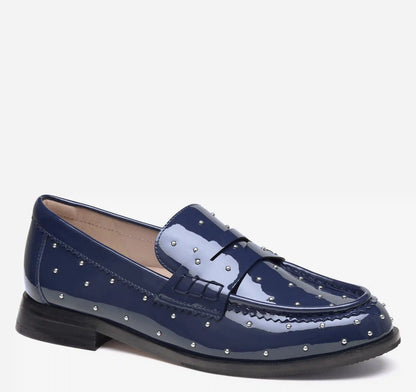 Gillian Studded Penny Loafer - Navy Patent Leather