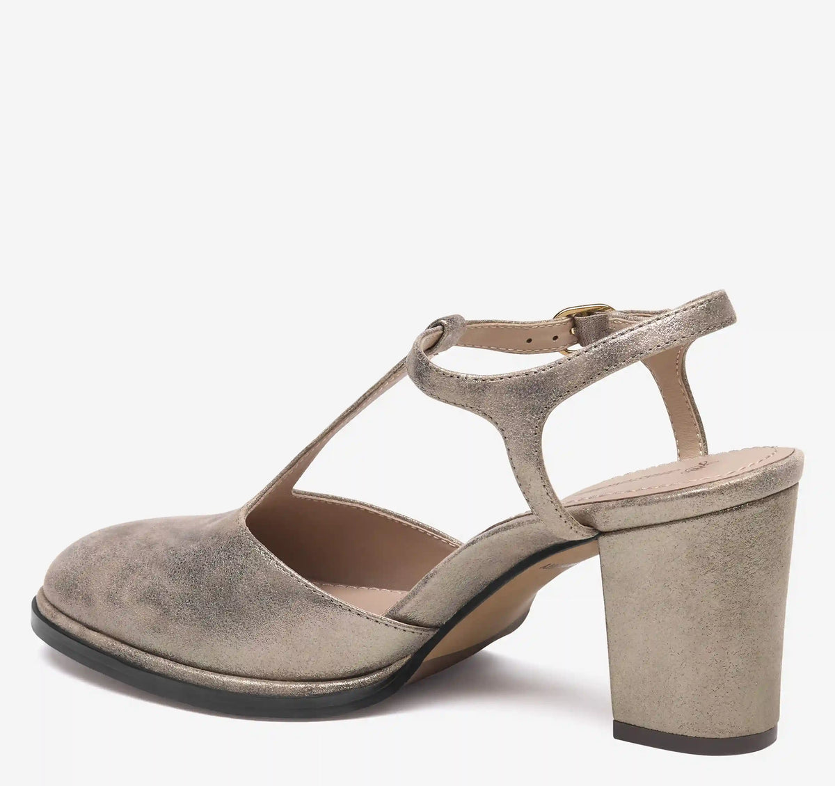 Amy T-Strap Pump - Taupe Metallic Italian Kid Suede