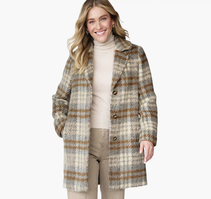 Notched-Collar Coat - Light Blue/Camel Plaid