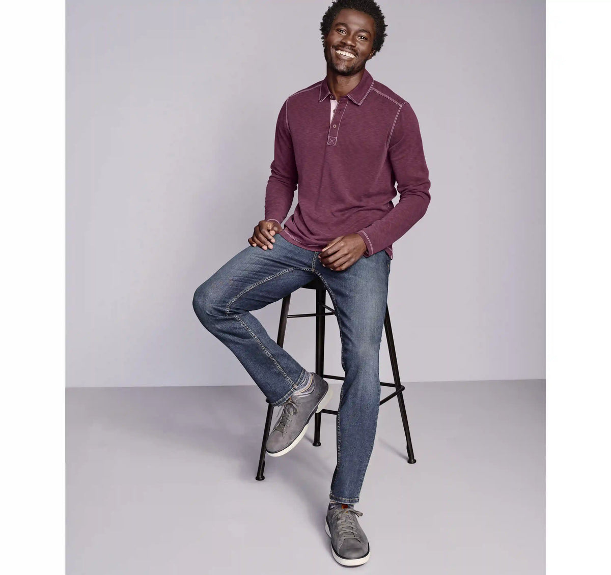 Vintage Slub Long-Sleeve Polo - Burgundy