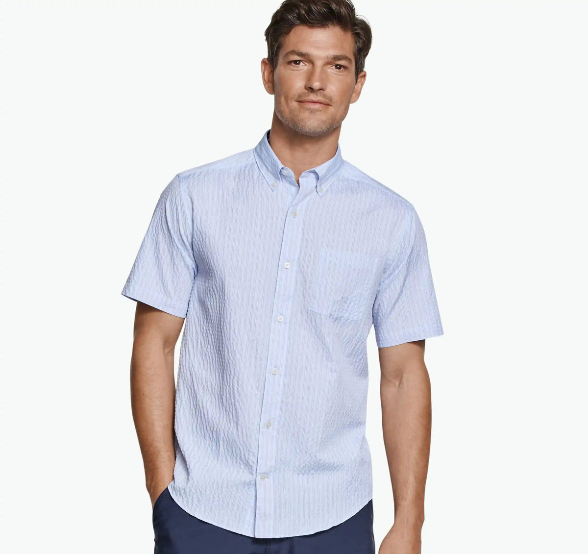 Leland Seersucker Short-Sleeve Shirt - Light Blue Striped