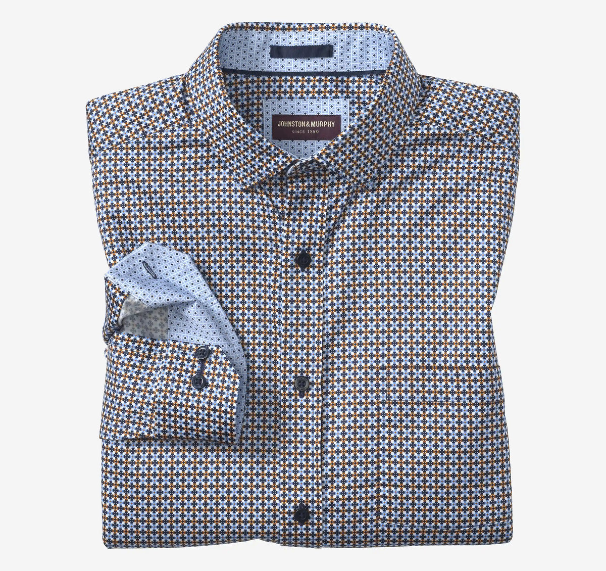 Printed Cotton Shirt - Blue/Rust Geo Clover