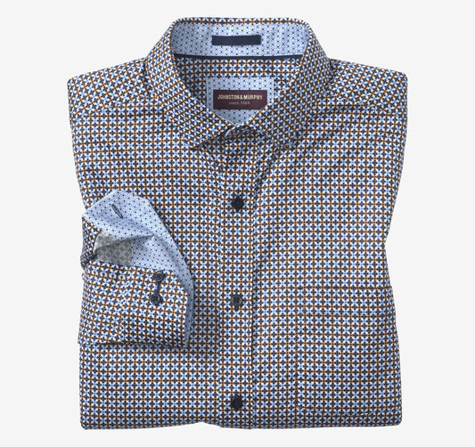 Printed Cotton Shirt - Blue/Rust Geo Clover