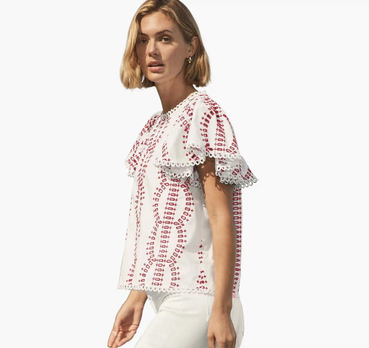 Game Day Eyelet Flutter Sleeve Top - White/Red