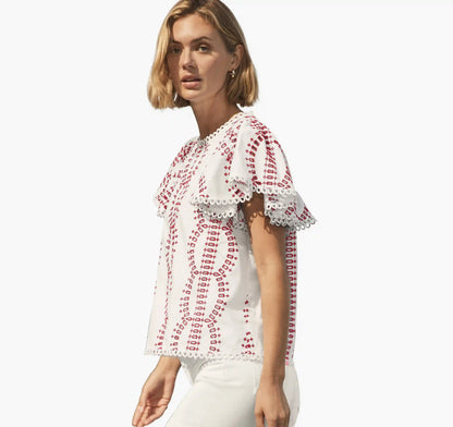 Game Day Eyelet Flutter Sleeve Top - White/Red