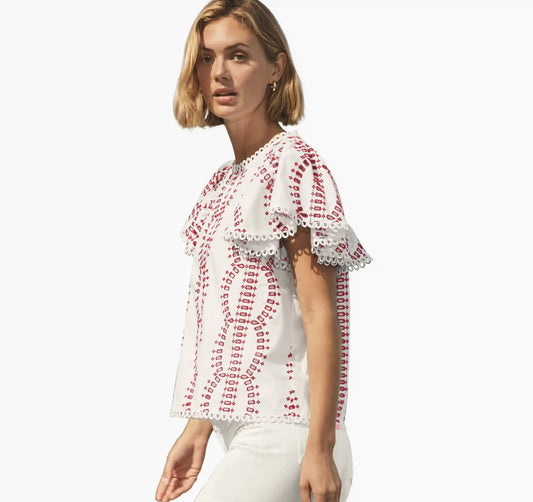 Game Day Eyelet Flutter Sleeve Top - White/Red