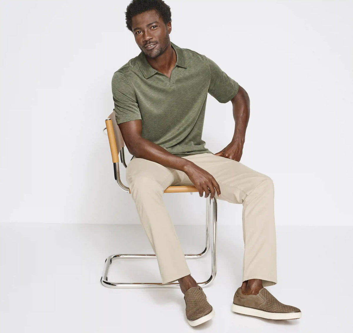 Vintage Slub V-Neck Polo - Olive