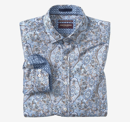 Printed Cotton Shirt - Blue/Brown Layered Paisley