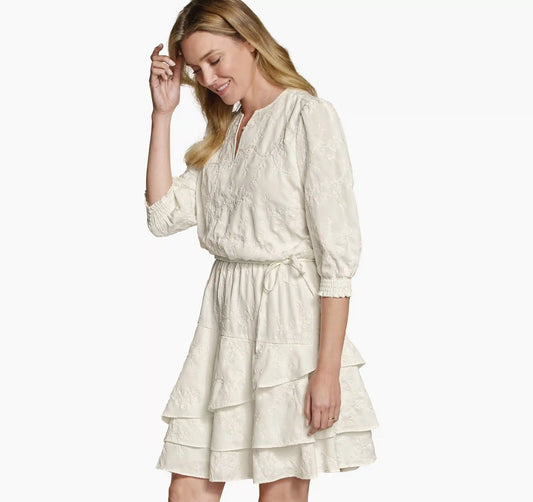 Embroidered Floral Tiered Dress - White