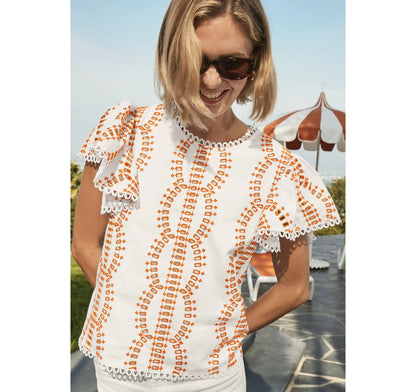 Game Day Eyelet Flutter Sleeve Top - White/Orange