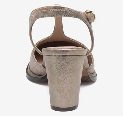 Amy T-Strap Pump - Taupe Metallic Italian Kid Suede