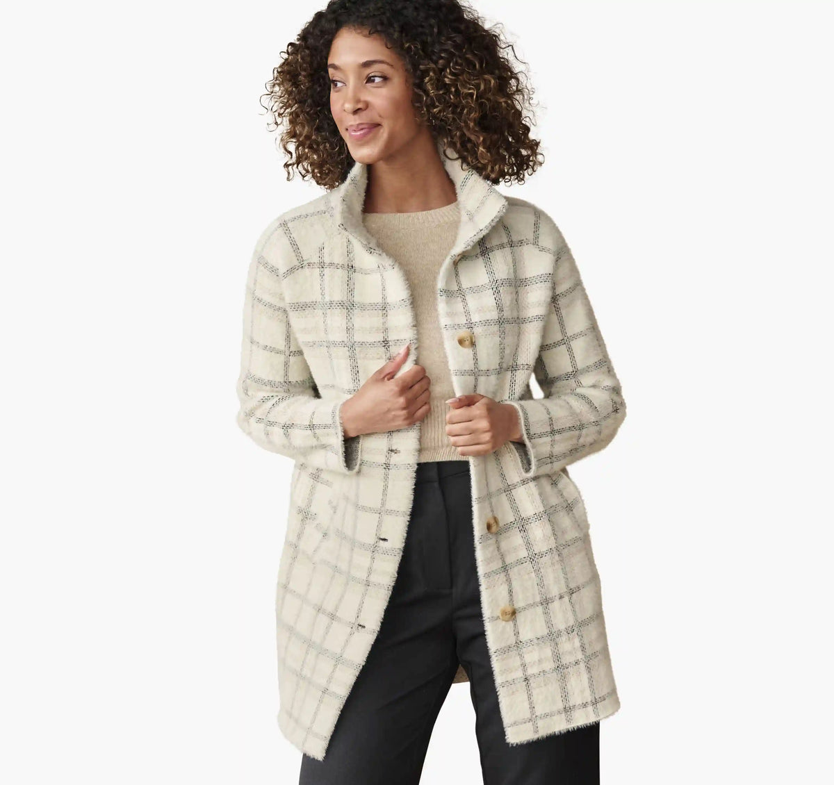 Eyelash Coatigan - White/Tan Plaid