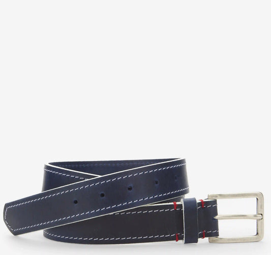 White-Edge Waxed Leather Belt - Navy