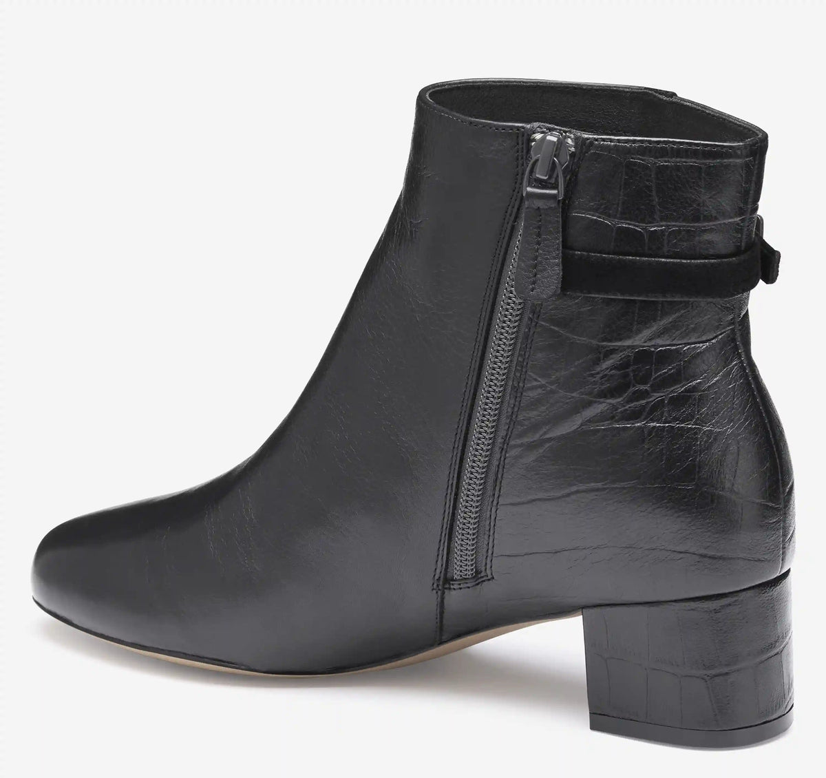 Sienna Belted Bootie - Black Nappa Leather/Italian Croc-Embossed Sheepskin