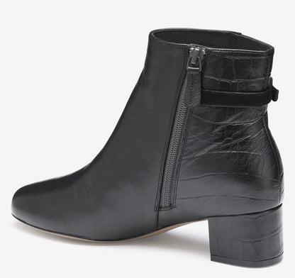 Sienna Belted Bootie - Black Nappa Leather/Italian Croc-Embossed Sheepskin
