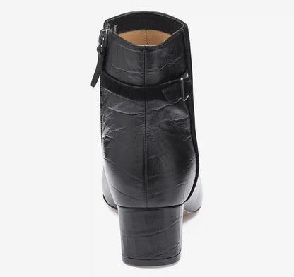 Sienna Belted Bootie - Black Nappa Leather/Italian Croc-Embossed Sheepskin