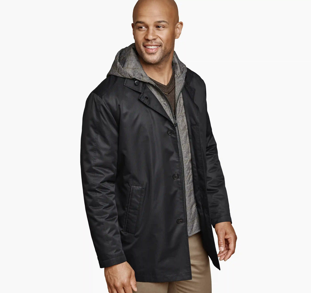 Upton Water-Resistant Raincoat with Removable Liner - Black/Taupe Plaid