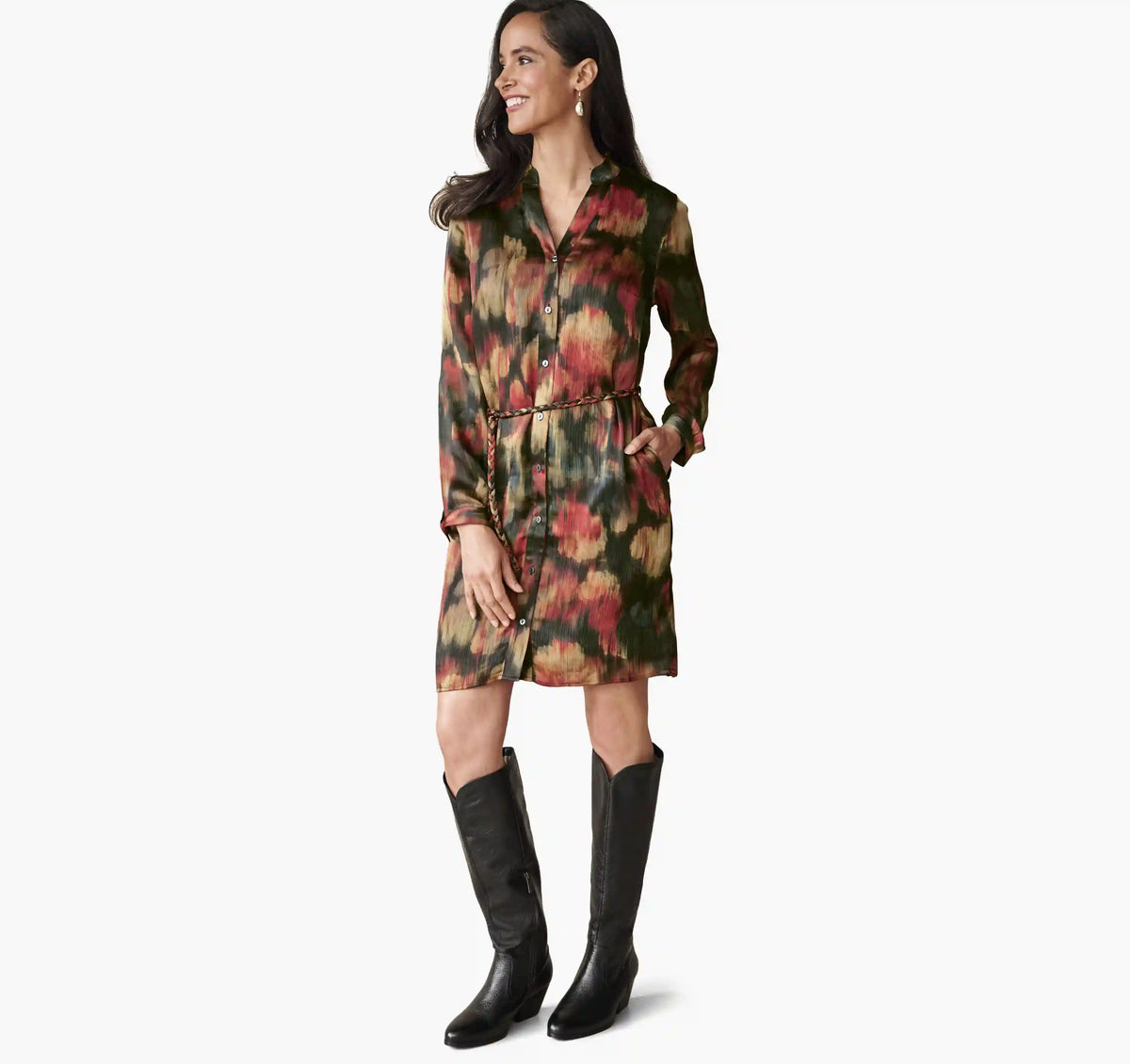 Printed Button-Front Dress - Red Blurred Floral