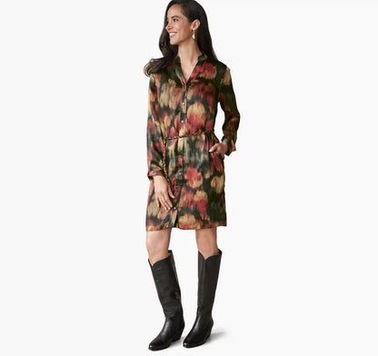 Printed Button-Front Dress - Red Blurred Floral