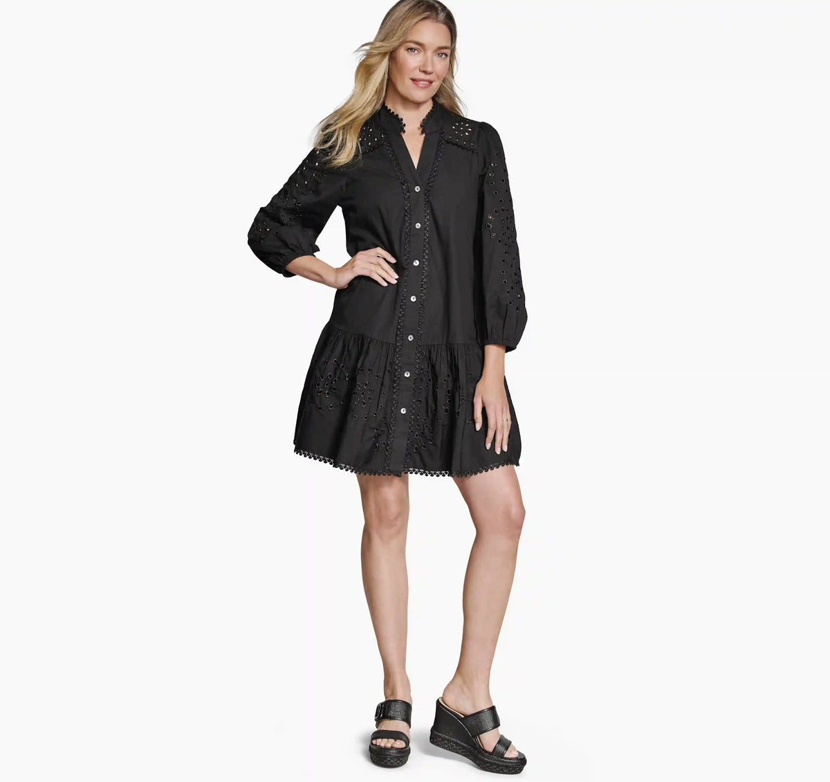 Button-Front Eyelet Dress - Black