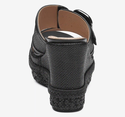 Addison Buckle-Strap Wedge - Black Raffia/Nappa Leather