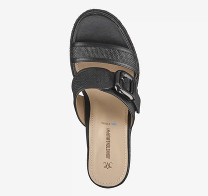 Addison Buckle-Strap Wedge - Black Raffia/Nappa Leather