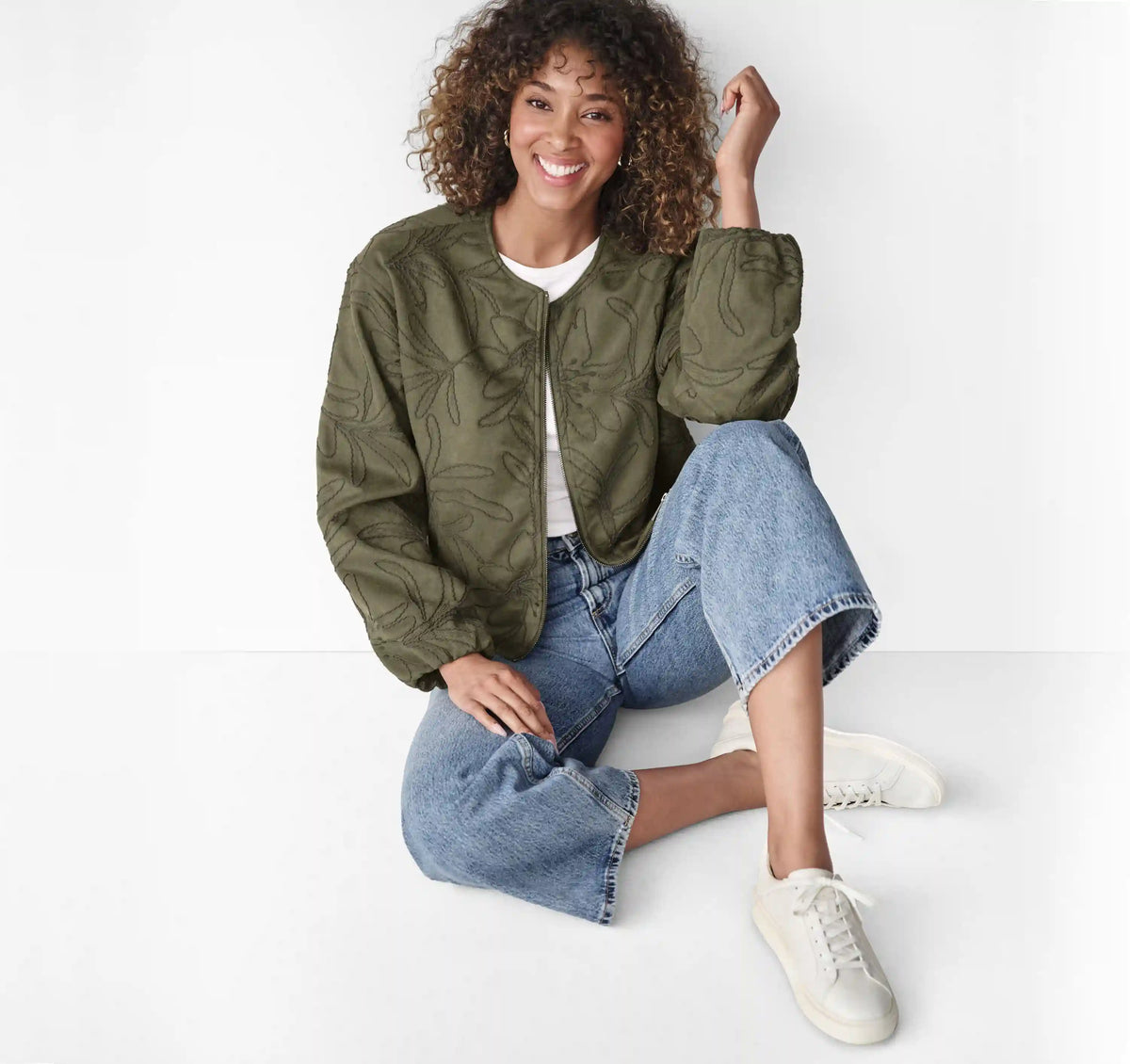 Faux-Suede Embroidered Jacket - Fern