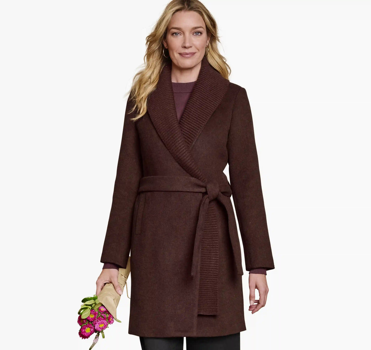 Wool-Blend Coat with Removable Knit Collar - Burgundy