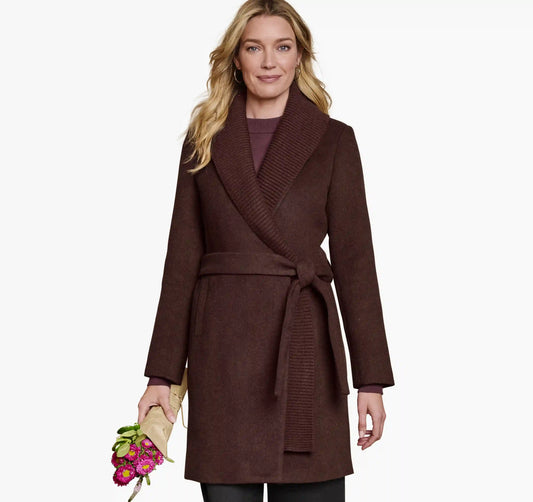 Wool-Blend Coat with Removable Knit Collar - Burgundy