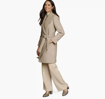 Wool-Blend Coat with Removable Knit Collar - Natural